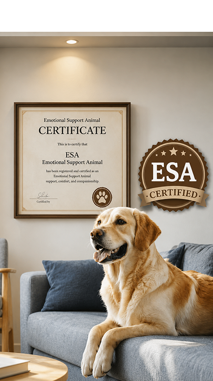 Emotional Support Animal certificate with ESA Certified badge and a golden retriever resting on a couch
